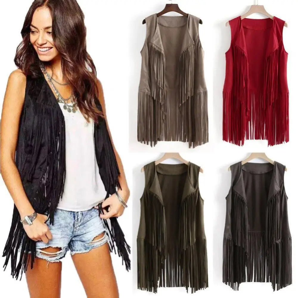 New Women Sleeveless Leather Vest With Suede Tassels