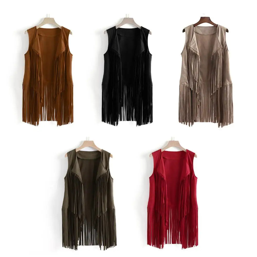 New Women Sleeveless Leather Vest With Suede Tassels